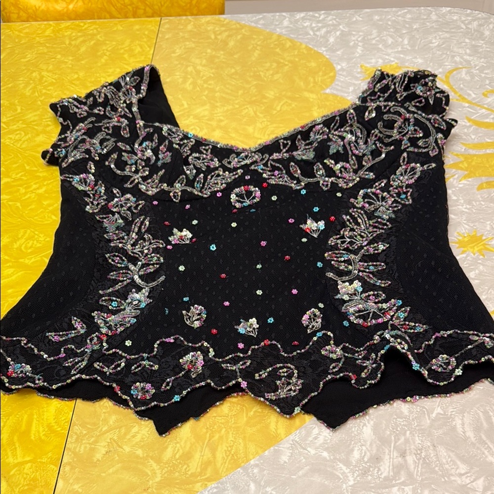 Black Sleeveless Asymmetrical Blouse/ Bodice with Silver Embellishments